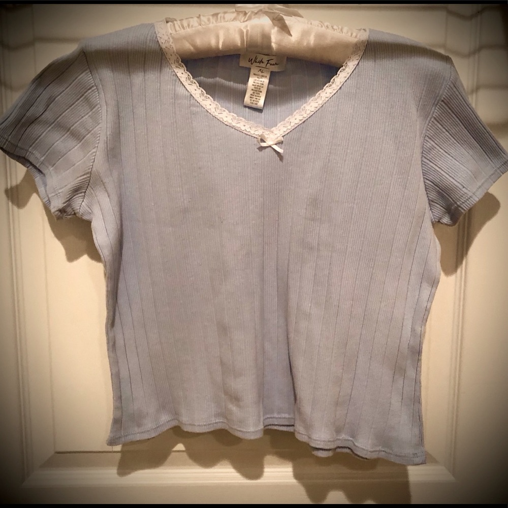 Robin egg blue, and white laced neck crop top.